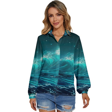 Tsunami Waves Ocean Sea Nautical Nature Water 7 Women s Long Sleeve Button Down Shirt by Jancukart