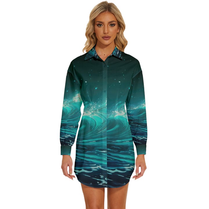 Tsunami Waves Ocean Sea Nautical Nature Water 7 Womens Long Sleeve Shirt Dress