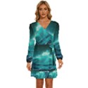 Tsunami Waves Ocean Sea Nautical Nature Water 7 Long Sleeve Waist Tie Ruffle Velvet Dress View1