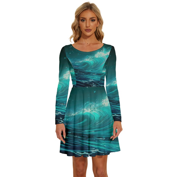 Tsunami Waves Ocean Sea Nautical Nature Water 7 Long Sleeve Wide Neck Velvet Dress