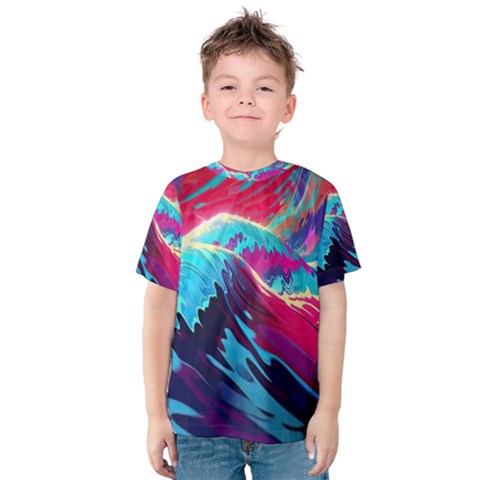 Tsunami Waves Ocean Sea Nautical Nature Water Blue Pink Kids  Cotton Tee by Jancukart