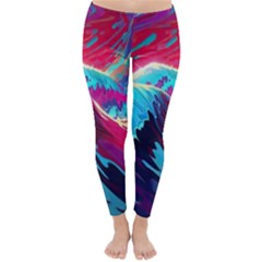 Tsunami Waves Ocean Sea Nautical Nature Water Blue Pink Classic Winter Leggings by Jancukart