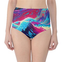 Tsunami Waves Ocean Sea Nautical Nature Water Blue Pink Classic High-waist Bikini Bottoms by Jancukart