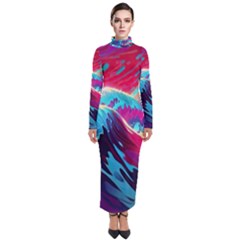 Tsunami Waves Ocean Sea Nautical Nature Water Blue Pink Turtleneck Maxi Dress