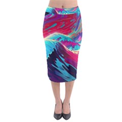 Tsunami Waves Ocean Sea Nautical Nature Water Blue Pink Midi Pencil Skirt by Jancukart