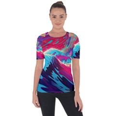 Tsunami Waves Ocean Sea Nautical Nature Water Blue Pink Shoulder Cut Out Short Sleeve Top