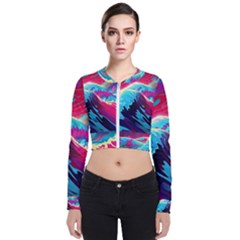 Tsunami Waves Ocean Sea Nautical Nature Water Blue Pink Long Sleeve Zip Up Bomber Jacket