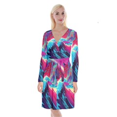 Tsunami Waves Ocean Sea Nautical Nature Water Blue Pink Long Sleeve Velvet Front Wrap Dress