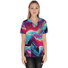 Tsunami Waves Ocean Sea Nautical Nature Water Blue Pink Women s V-neck Scrub Top