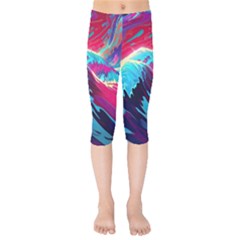 Tsunami Waves Ocean Sea Nautical Nature Water Blue Pink Kids  Capri Leggings 