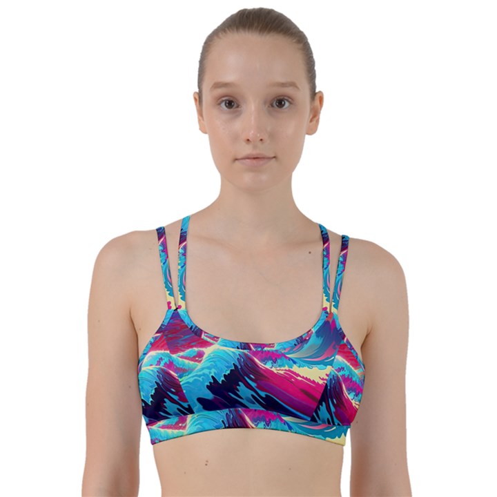 Tsunami Waves Ocean Sea Nautical Nature Water Blue Pink Line Them Up Sports Bra