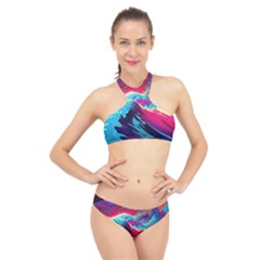 Tsunami Waves Ocean Sea Nautical Nature Water Blue Pink High Neck Bikini Set by Jancukart