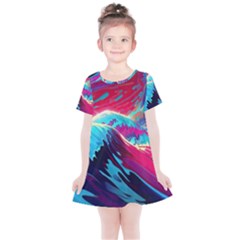 Tsunami Waves Ocean Sea Nautical Nature Water Blue Pink Kids  Simple Cotton Dress