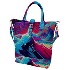 Tsunami Waves Ocean Sea Nautical Nature Water Blue Pink Buckle Top Tote Bag