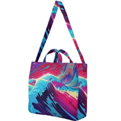 Tsunami Waves Ocean Sea Nautical Nature Water Blue Pink Square Shoulder Tote Bag by Jancukart