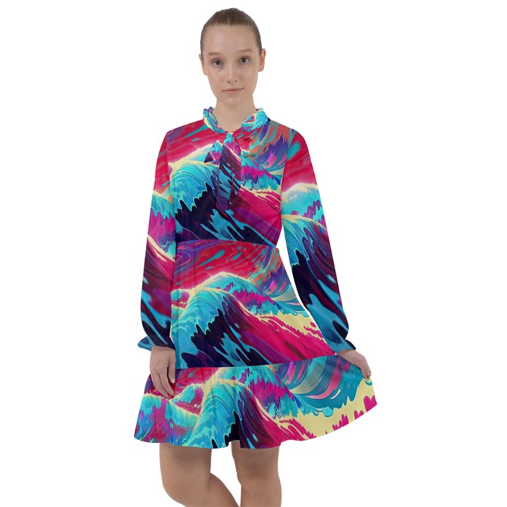 Tsunami Waves Ocean Sea Nautical Nature Water Blue Pink All Frills Chiffon Dress