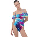 Tsunami Waves Ocean Sea Nautical Nature Water Blue Pink Frill Detail One Piece Swimsuit View1