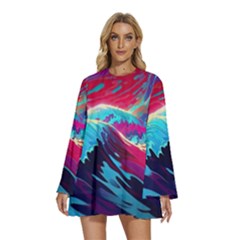 Tsunami Waves Ocean Sea Nautical Nature Water Blue Pink Round Neck Long Sleeve Bohemian Style Chiffon Mini Dress