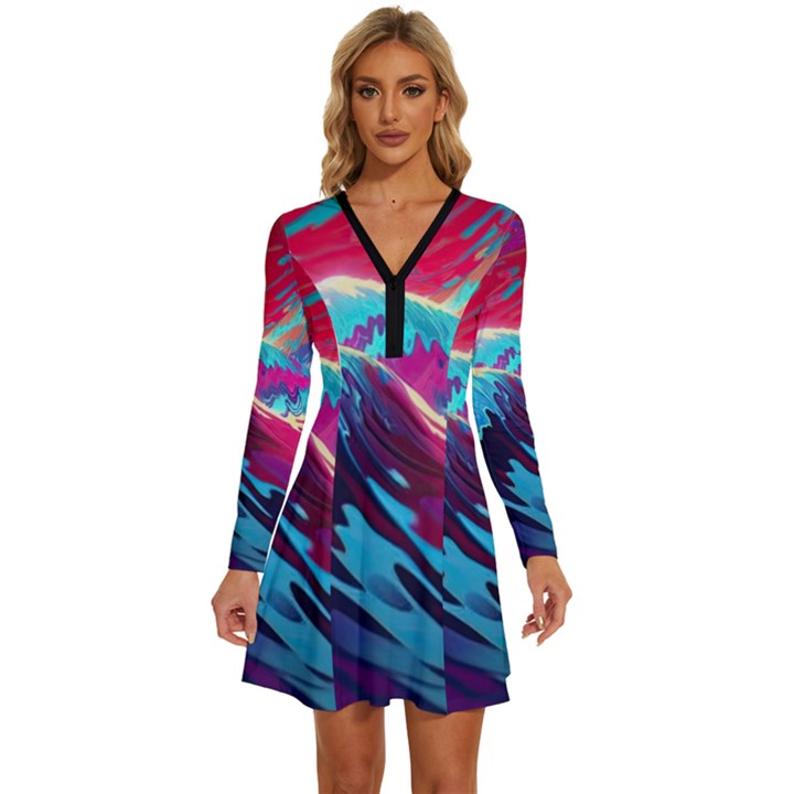 Tsunami Waves Ocean Sea Nautical Nature Water Blue Pink Long Sleeve Deep V Mini Dress 