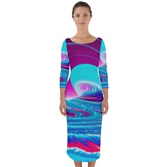 Tsunami Waves Ocean Sea Nautical Nature Water 3 Quarter Sleeve Midi Bodycon Dress