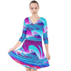 Tsunami Waves Ocean Sea Nautical Nature Water 3 Quarter Sleeve Front Wrap Dress