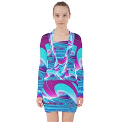 Tsunami Waves Ocean Sea Nautical Nature Water 3 V-neck Bodycon Long Sleeve Dress