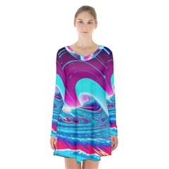 Tsunami Waves Ocean Sea Nautical Nature Water 3 Long Sleeve Velvet V-neck Dress