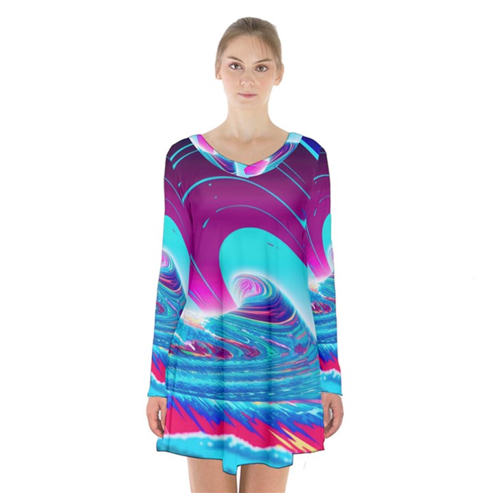 Tsunami Waves Ocean Sea Nautical Nature Water 3 Long Sleeve Velvet V-neck Dress