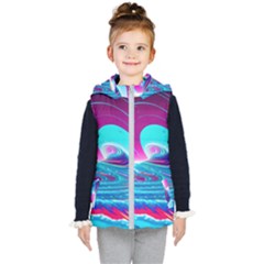 Tsunami Waves Ocean Sea Nautical Nature Water 3 Kids  Hooded Puffer Vest