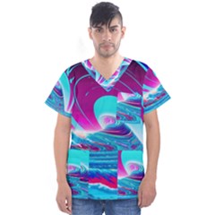 Tsunami Waves Ocean Sea Nautical Nature Water 3 Men s V-neck Scrub Top