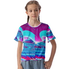 Tsunami Waves Ocean Sea Nautical Nature Water 3 Kids  Cuff Sleeve Scrunch Bottom Tee