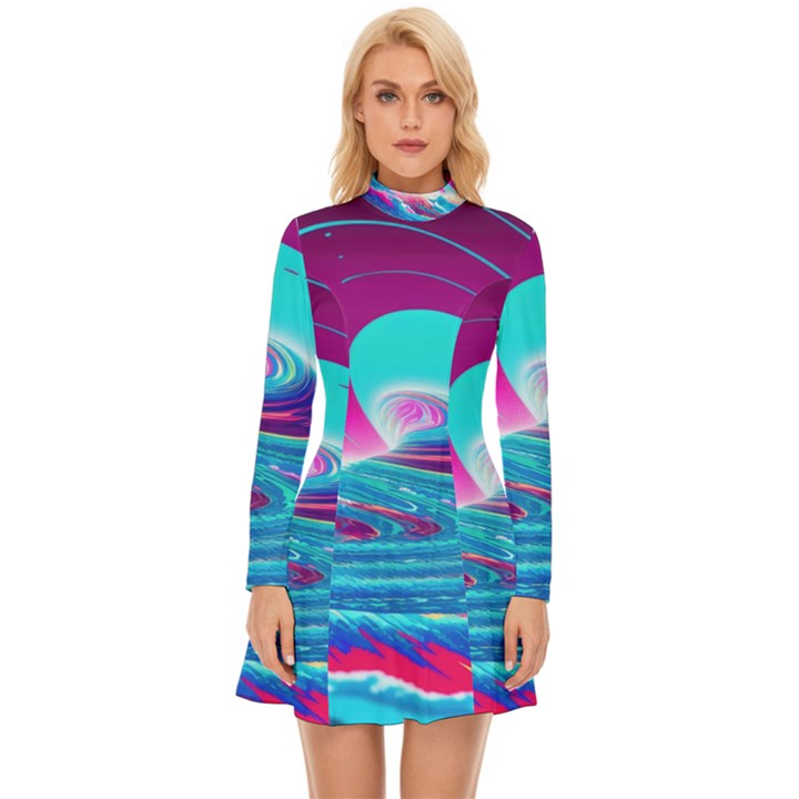 Tsunami Waves Ocean Sea Nautical Nature Water 3 Long Sleeve Velour Longline Dress