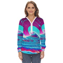 Tsunami Waves Ocean Sea Nautical Nature Water 3 Zip Up Long Sleeve Blouse