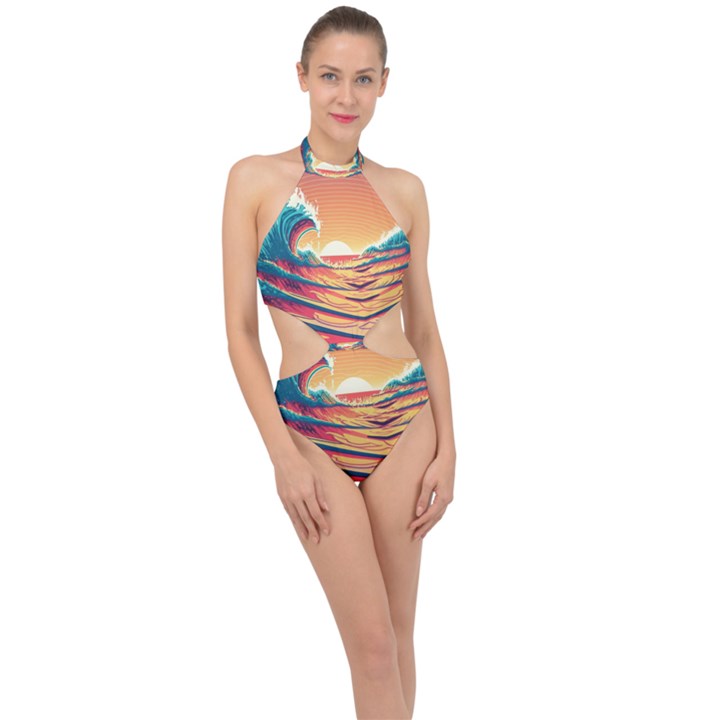 Waves Ocean Sea Tsunami Nautical 6 Halter Side Cut Swimsuit