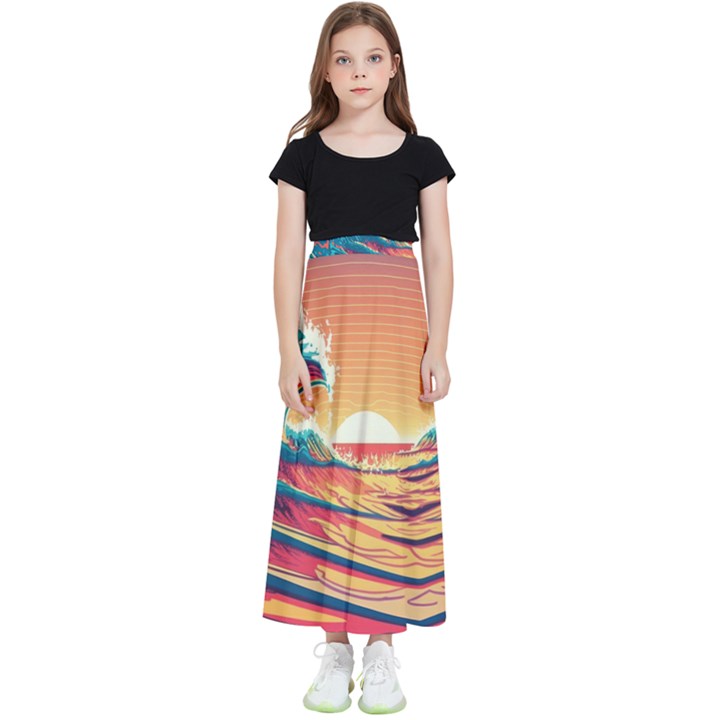 Waves Ocean Sea Tsunami Nautical 6 Kids  Flared Maxi Skirt