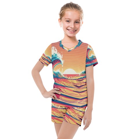 Waves Ocean Sea Tsunami Nautical 6 Kids  Mesh Tee And Shorts Set by Jancukart