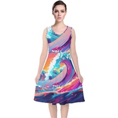 Tsunami Waves Ocean Sea Nautical Nature Water 2 V-neck Midi Sleeveless Dress 