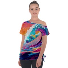 Tsunami Waves Ocean Sea Nautical Nature Water 2 Off Shoulder Tie-up Tee