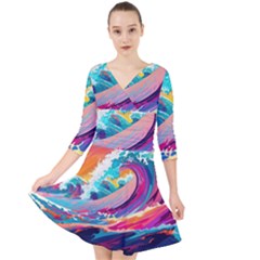 Tsunami Waves Ocean Sea Nautical Nature Water 2 Quarter Sleeve Front Wrap Dress