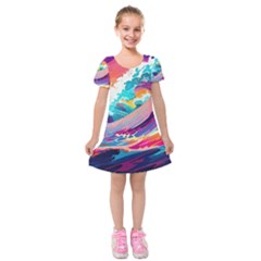 Tsunami Waves Ocean Sea Nautical Nature Water 2 Kids  Short Sleeve Velvet Dress