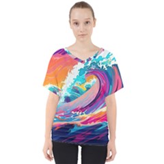 Tsunami Waves Ocean Sea Nautical Nature Water 2 V-neck Dolman Drape Top