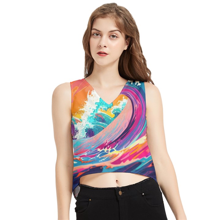 Tsunami Waves Ocean Sea Nautical Nature Water 2 V-Neck Cropped Tank Top