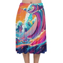 Tsunami Waves Ocean Sea Nautical Nature Water 2 Velvet Flared Midi Skirt by Jancukart