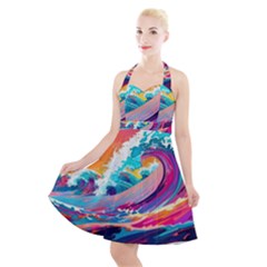 Tsunami Waves Ocean Sea Nautical Nature Water 2 Halter Party Swing Dress  by Jancukart