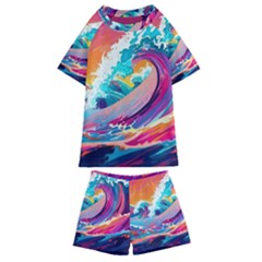 Tsunami Waves Ocean Sea Nautical Nature Water 2 Kids  Swim Tee And Shorts Set