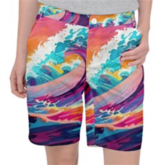 Tsunami Waves Ocean Sea Nautical Nature Water 2 Women s Pocket Shorts by Jancukart