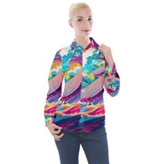 Tsunami Waves Ocean Sea Nautical Nature Water 2 Women s Long Sleeve Pocket Shirt