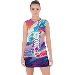 Tsunami Waves Ocean Sea Nautical Nature Water 2 Lace Up Front Bodycon Dress