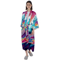 Tsunami Waves Ocean Sea Nautical Nature Water 2 Maxi Satin Kimono