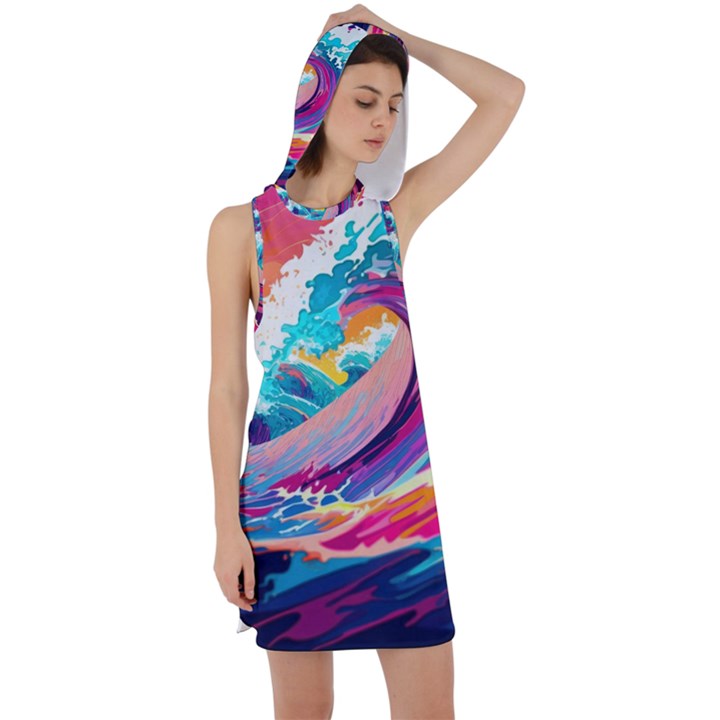 Tsunami Waves Ocean Sea Nautical Nature Water 2 Racer Back Hoodie Dress